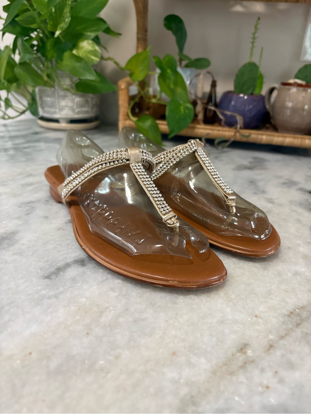 Made in Italy Crystal-Embellished Gold T-Strap Sandals
